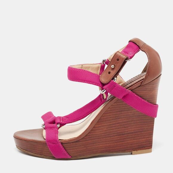 C&eacute;line Pink Canvas T-Strap Wedge Slingback Sandals Size 39